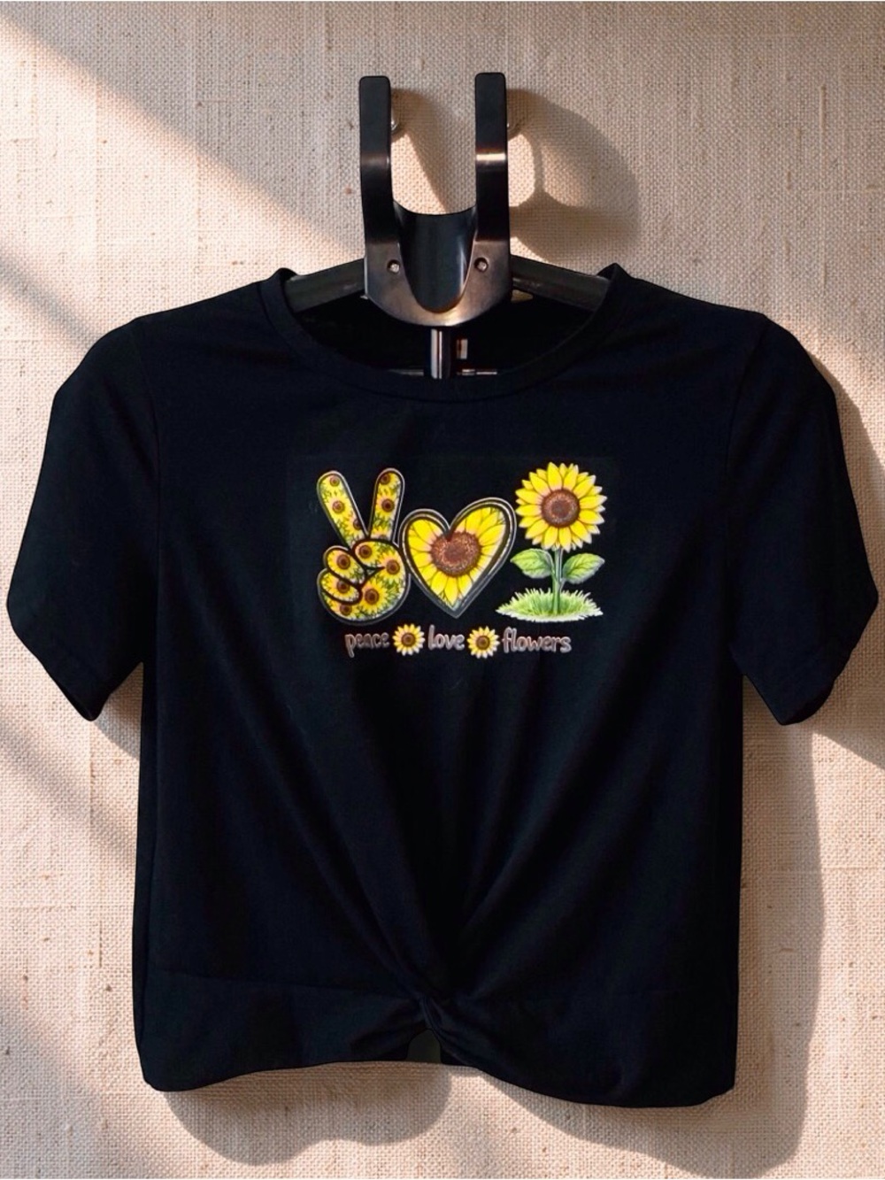 Upcycled Sunflower Peace Love Flowers Graphic Tee Women’s M